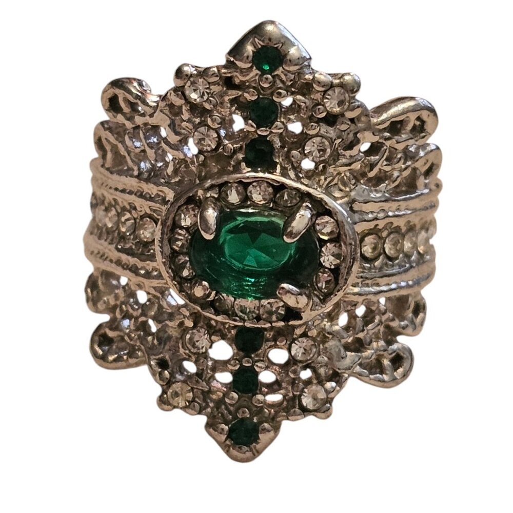 Victorian Trading Green Rhinestone & CZ Sterling Silver 925 Queen Ring Size 6